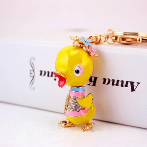Cute Cartoon Yellow Duck Keychain With Enamel Flower Inlaid Rhinestone Zinc Alloy Animal Pendant Bag Charm Gift