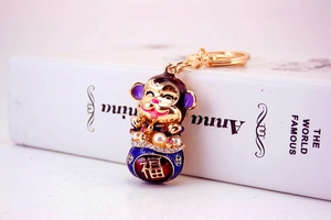 Close-up of golden zodiac monkey keychain with blue enamel, pearls and Fu character
