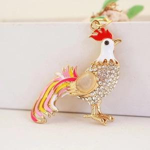 Exquisite golden rooster keychain with sparkling rhinestones and colorful enamel details
