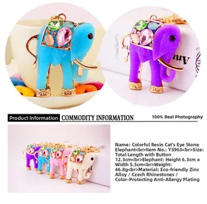Detail of resin elephant keychains in blue pink and purple with shiny opal and crystals