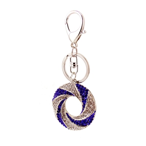 Blue and white crystal swirl keychain with silver metal lobster clasp on white background