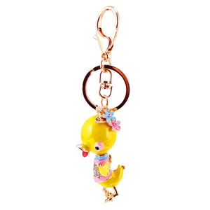 Creative yellow duck keychain with rhinestones and pink enamel finish on golden ring