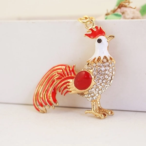Golden zodiac rooster keychain with sparkling rhinestones and red enamel finish