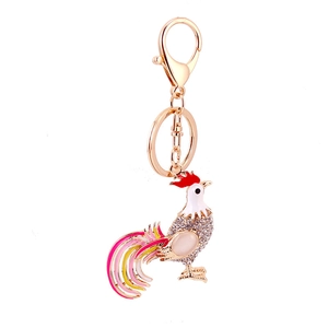 Golden zodiac rooster keychain with crystals and colorful enamel on a lobster clasp