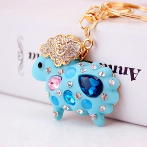 Porte-clés mouton bleu mignon avec strass colorés et accessoires en métal doré