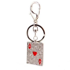 Funkelnder Schlüsselanhänger mit Herz-Ass-Pokermotiv, Kristallen und silbernem Metallring