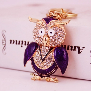 Charmant porte-clés hibou violet avec strass brillants et mousqueton en métal doré