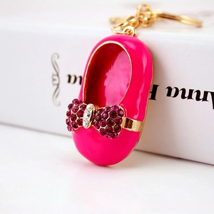 Charming rose red embroidered shoe keychain with sparkling rhinestones and golden ring