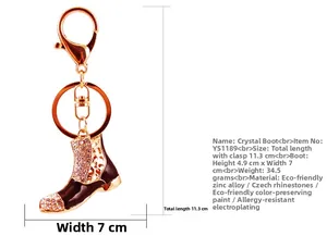 Detailed dimensions of the crystal rhinestone boot keychain with lobster clasp and ring