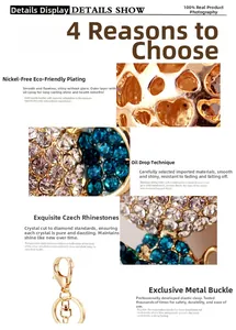 Detail of a crystal-encrusted mouse keychain with gold plating and blue rhinestones