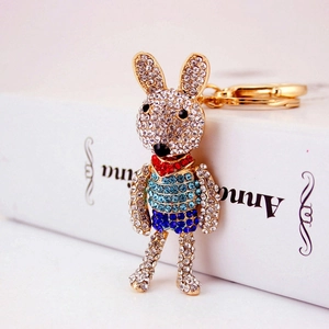 Sparkling crystal rabbit keychain with blue rhinestones and gold ring for women bag