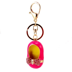 Pink shoe keychain with rhinestone bow and gold metal ring for women fashion accessories
