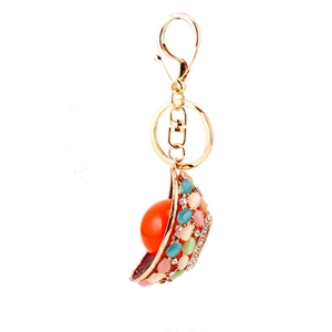 Colorful rhinestone crystal hat keychain with gold chain and red bead accent
