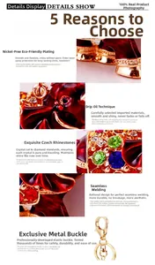 Detailed view of red enamel elephant keychain with sparkling Czech rhinestones and gold plating