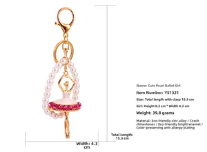 Détail des dimensions du porte-clés ballerine avec strass roses et perles blanches