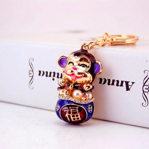 Cartoon zodiac monkey keychain with colorful enamel, rhinestones and lucky blessing charm