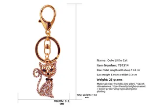 Vue détaillée du porte-clés chat en cristal avec dimensions et matériaux alliage