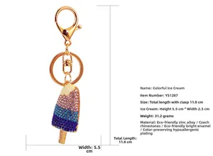 Detail showing colorful rhinestone ice cream keychain dimensions and materials