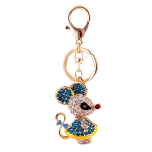 Sparkling crystal mouse keychain with blue bow and gold-tone lobster clasp for bags