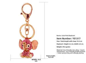 Detailed size specifications for pink rhinestone elephant keychain in gold zinc alloy