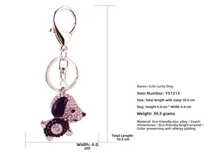 Détail du porte-clés chien en alliage de zinc et strass violets avec dimensions