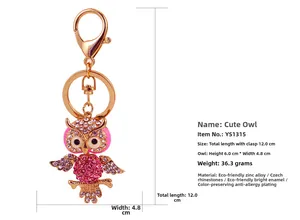 Detailed size chart for pink and purple rhinestone owl keychain with gold plating