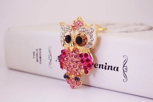 Détail d'un porte-clés hibou en strass roses avec alliage doré et cristaux brillants