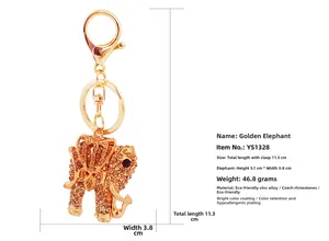 Detailed view of golden elephant keychain with sparkling crystals and alloy plating