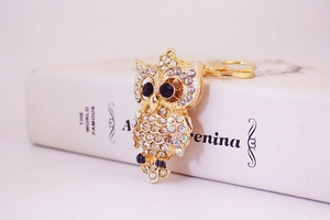 Détail du porte-clés hibou avec strass brillants et pieds en émail bleu sur livre