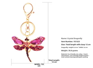 Détail du porte-clés libellule en cristal avec dimensions et strass violets