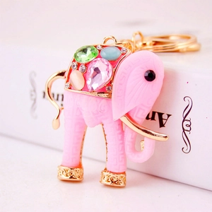 Pink resin elephant keychain with colorful gemstones and gold alloy ring accessory