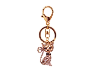 Détails du porte-clés chat avec strass blancs et un fermoir mousqueton doré rotatif