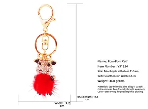 Detailed view of fluffy bull keychain with zinc alloy body and dimensions specification