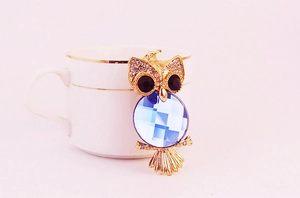Détail du porte-clés hibou avec grand cristal bleu et cadre en alliage doré