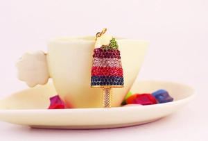Close-up of colorful rhinestone popsicle keychain hanging on a white coffee cup