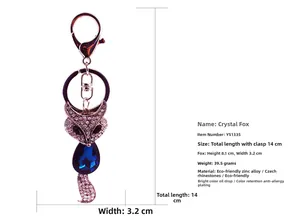 Tableau des tailles du porte-clés renard en cristal avec strass bleus et alliage de zinc