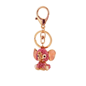 Pink rhinestone elephant keychain with rose gold alloy plating and enamel details