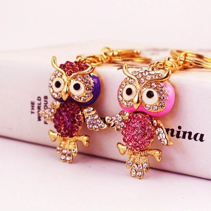 Cute Colorful Rhinestone Owl Animal Keychain Gold Alloy Enamel Inlaid Bag Charm Pendant Accessories For Women Gift