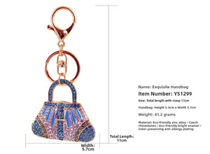 Detail view of rhinestone handbag keychain with dimensions 5.3x5.7cm on white backdrop