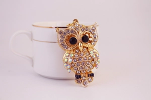 Détail du porte-clés hibou avec strass colorés sur un pendentif en alliage plaqué or