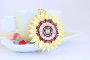 Detailed view of sunflower keychain with sparkling yellow petals and rhinestone center