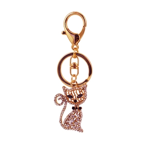 Porte-clés chat doré étincelant avec strass en cristal et fermoir pour femmes