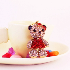 Porte-clés ours en peluche brillant avec cristaux et nœud rouge pour sac à main