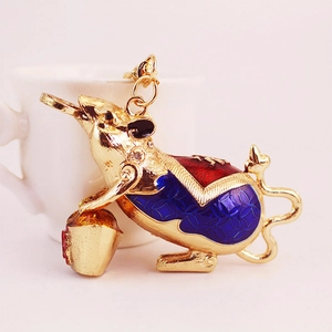 Cute metal mouse keychain with colorful rhinestones and gold coins for women bags
