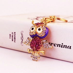 Cute golden owl keychain with colorful rhinestones and purple enamel for women's handbag