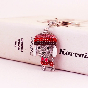 Sparkling crystal teddy dog keychain with red rhinestones for women car key and bag decor