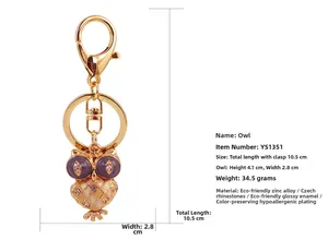 Detailed view of rhinestone owl keychain with precise dimensions and lobster clasp