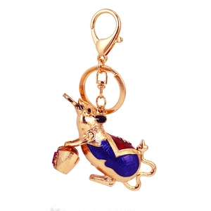 Golden mouse zodiac keychain with colorful enamel rhinestones and lucky coin charm