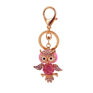 Pink rhinestone owl keychain in gold alloy with swivel clasp for women bag accessory