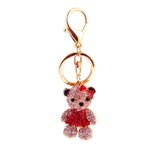 Porte-clés ours en cristal étincelant avec nœud rouge et anneau en métal doré